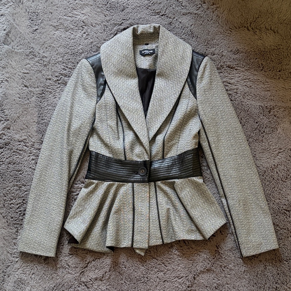 Bebe Black & White Patterned Blazer Jacket with Faux Leather Details
